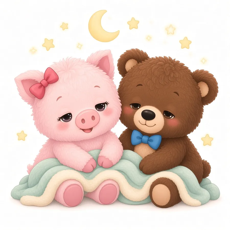 Piggy and Bear snuggled under a soft blanket beneath a sleepy moon and stars